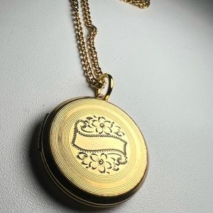 Antique 12K GF Etched Locket Necklace Small Round Banner & Pansies Black Overlay